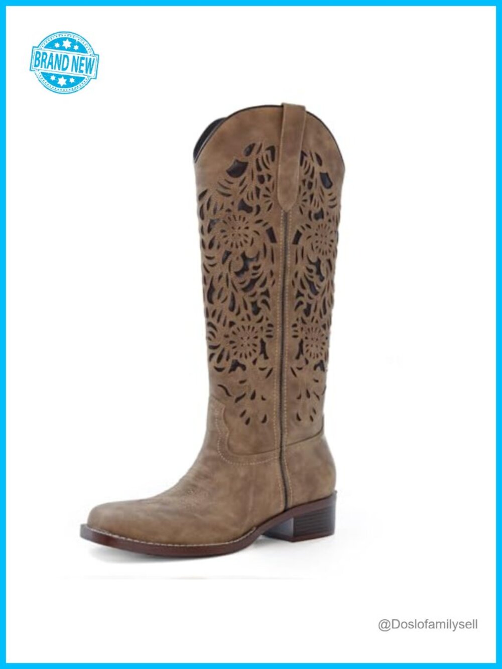 Women's Cowboy Boots Cut Out Floral Embroidered Knee-High Western Boots Pull On